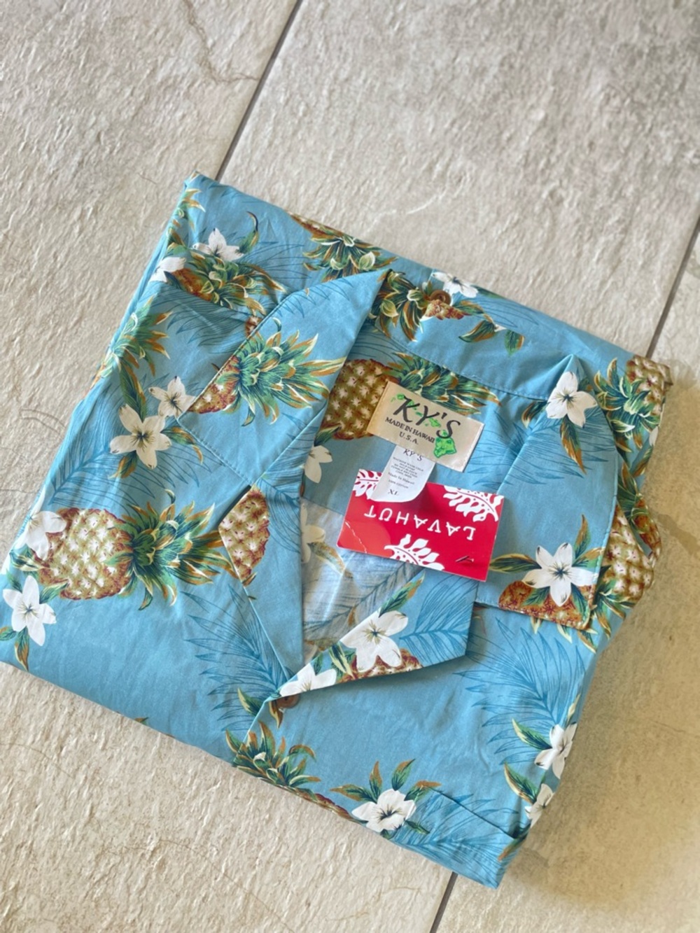 K's Hawaiian Pineapple Print Short Sleeve Button-Down Shirt - Blue XL NEW